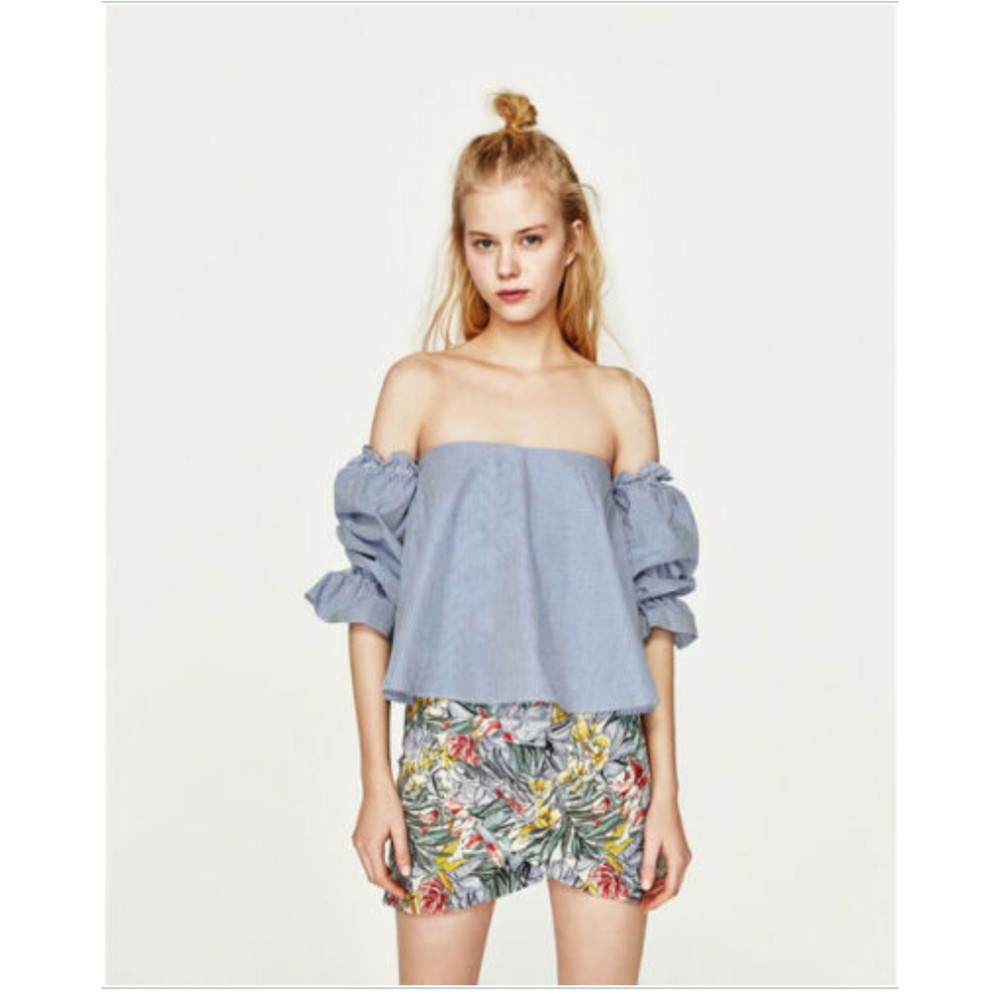 Zara Trafaluc Blue Floral Mini Skirt S Small Hibiscus Hi High Low Faux Wrap